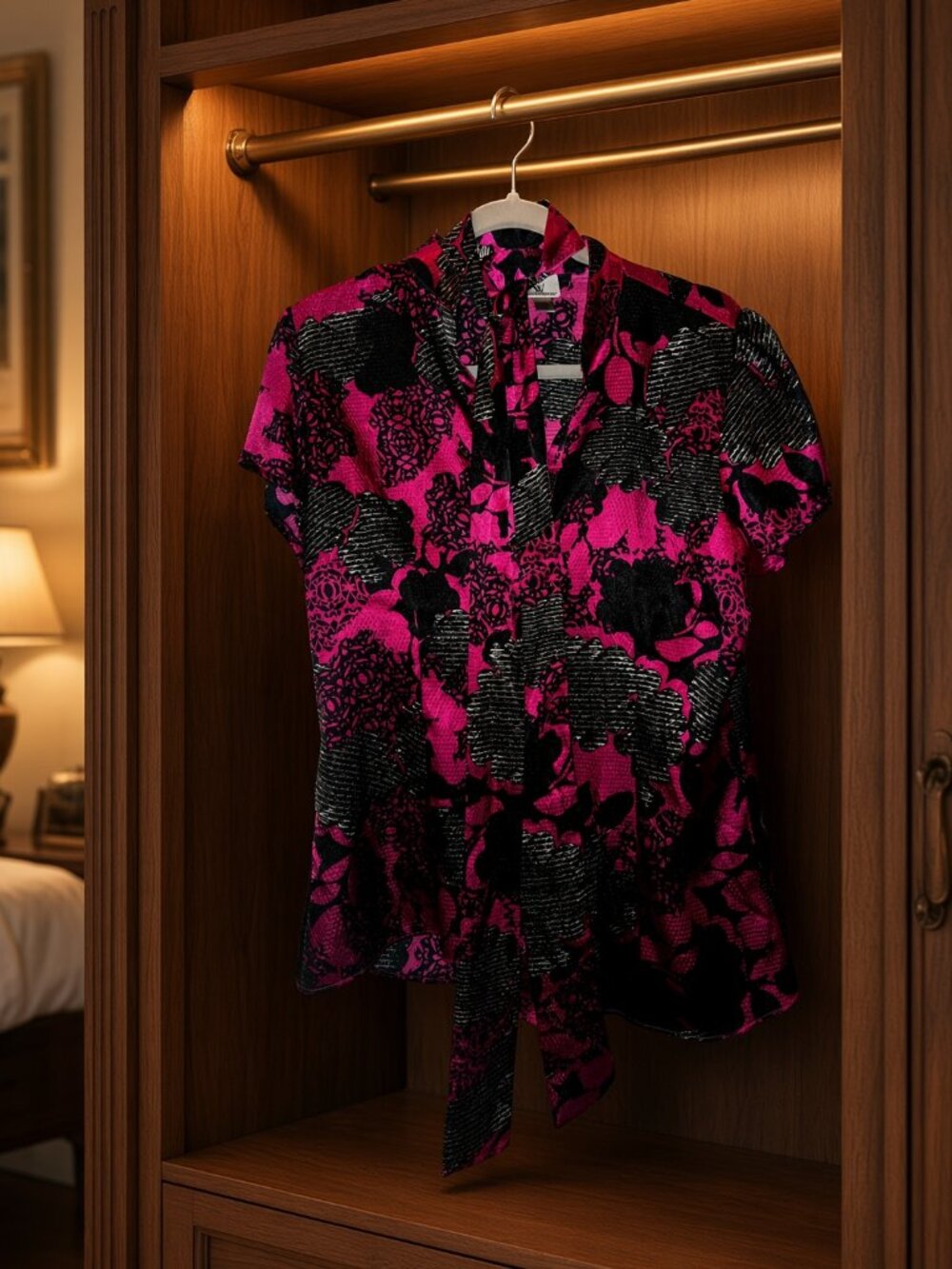 Worthington Pink and Black Floral Tie-Neck Blouse Size Large